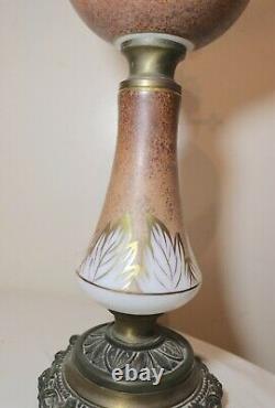 Large antique hand painted gilt glass bronze patinated oil style table lamp