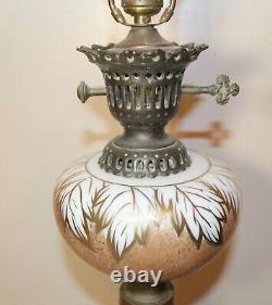 Large antique hand painted gilt glass bronze patinated oil style table lamp