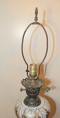 Large antique hand painted gilt glass bronze patinated oil style table lamp