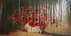Large antique oil painting still life with poppy flowers