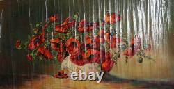 Large antique oil painting still life with poppy flowers