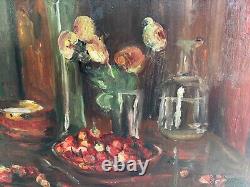 Large antique original European still life composition oil painting on canvas