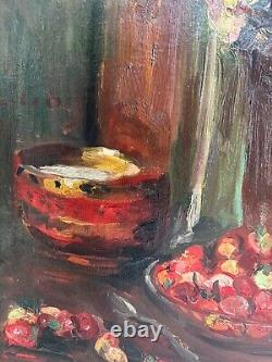 Large antique original European still life composition oil painting on canvas