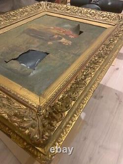 Large carved antique gilded frame with damaged oil painting of George W Aikman