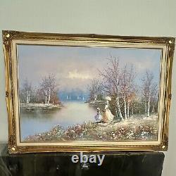 Large oil painting framed original signed antique Walton