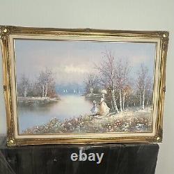 Large oil painting framed original signed antique Walton