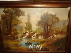 Large old oil painting, Woodslandscape cottages- lake and boat, is signed