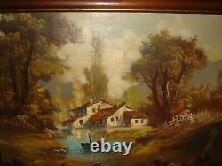 Large old oil painting, Woodslandscape cottages- lake and boat, is signed