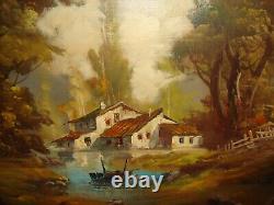 Large old oil painting, Woodslandscape cottages- lake and boat, is signed