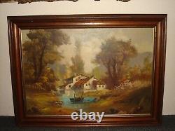 Large old oil painting, Woodslandscape cottages- lake and boat, is signed