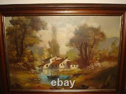 Large old oil painting, Woodslandscape cottages- lake and boat, is signed