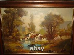 Large old oil painting, Woodslandscape cottages- lake and boat, is signed