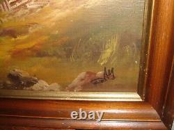 Large old oil painting, Woodslandscape cottages- lake and boat, is signed