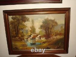 Large old oil painting, Woodslandscape cottages- lake and boat, is signed