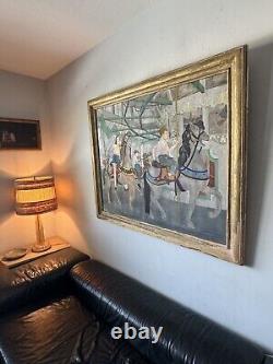 Lois Lingemann Antique Boy Girl Oil Painting Old Modern Art Deco Horse Carousel