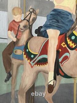 Lois Lingemann Antique Boy Girl Oil Painting Old Modern Art Deco Horse Carousel