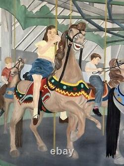 Lois Lingemann Antique Boy Girl Oil Painting Old Modern Art Deco Horse Carousel