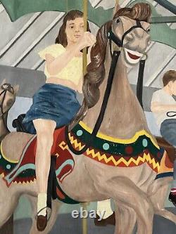 Lois Lingemann Antique Boy Girl Oil Painting Old Modern Art Deco Horse Carousel