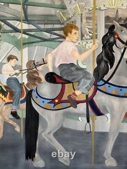 Lois Lingemann Antique Boy Girl Oil Painting Old Modern Art Deco Horse Carousel