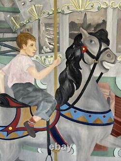 Lois Lingemann Antique Boy Girl Oil Painting Old Modern Art Deco Horse Carousel