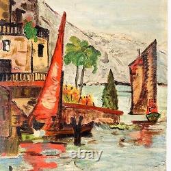 Lovely Large Antique Vintage Original Oil Painting Sailing Ships Harbor Nautical