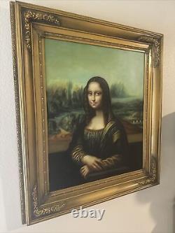 MCM Antique Vtg FRAMED Oil Painting Portrait Canvas Mona Lisa Leonardo Da Vinci