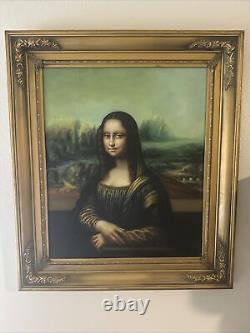 MCM Antique Vtg FRAMED Oil Painting Portrait Canvas Mona Lisa Leonardo Da Vinci