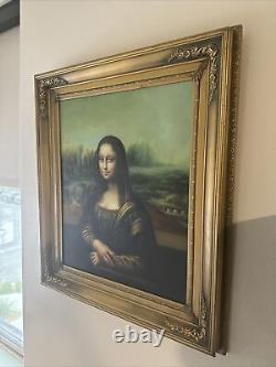 MCM Antique Vtg FRAMED Oil Painting Portrait Canvas Mona Lisa Leonardo Da Vinci