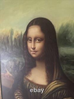 MCM Antique Vtg FRAMED Oil Painting Portrait Canvas Mona Lisa Leonardo Da Vinci