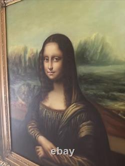 MCM Antique Vtg FRAMED Oil Painting Portrait Canvas Mona Lisa Leonardo Da Vinci