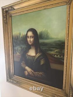 MCM Antique Vtg FRAMED Oil Painting Portrait Canvas Mona Lisa Leonardo Da Vinci