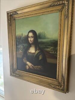 MCM Antique Vtg FRAMED Oil Painting Portrait Canvas Mona Lisa Leonardo Da Vinci