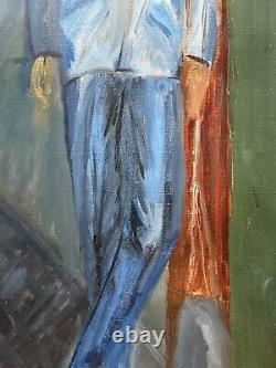 Man Male Portrait 1950's Large Original Antique Oil painting, Expressive Art