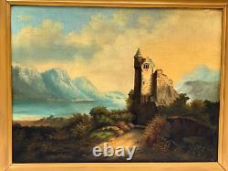 Mla Antique Oil Painting Medieval Castle Tower River Landscape German Austrian