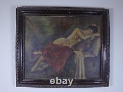 Nude Lady Antique Oil Painting in Adorned Frame, Naked Female Large Artwork Rare