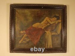 Nude Lady Antique Oil Painting in Adorned Frame, Naked Female Large Artwork Rare