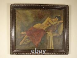 Nude Lady Antique Oil Painting in Adorned Frame, Naked Female Large Artwork Rare