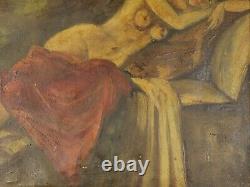 Nude Lady Antique Oil Painting in Adorned Frame, Naked Female Large Artwork Rare