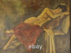 Nude Lady Antique Oil Painting in Adorned Frame, Naked Female Large Artwork Rare