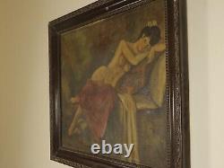 Nude Lady Antique Oil Painting in Adorned Frame, Naked Female Large Artwork Rare