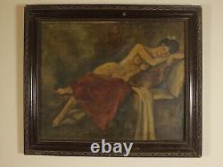 Nude Lady Antique Oil Painting in Adorned Frame, Naked Female Large Artwork Rare