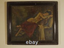 Nude Lady Antique Oil Painting in Adorned Frame, Naked Female Large Artwork Rare