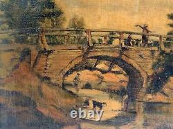 Old Antique Oil Painting Frederick Waters Watts Bridge Figures Hendon Middlesex