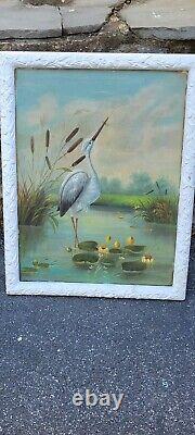 Old Rare Early Vintage Antique 1880s 1890s Florida Crane Oil Painting Highwaymen