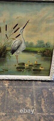 Old Rare Early Vintage Antique 1880s 1890s Florida Crane Oil Painting Highwaymen