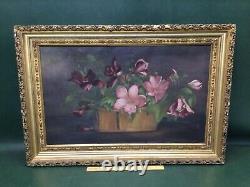 Original Oil on Canvas Still Life Flowers with Antique Carved Frame