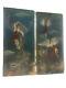 Pair Antique Folk Art Oil On Canvas Painting Revelation Angels Battle Demons