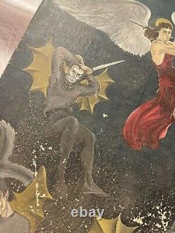 PAIR Antique Folk Art Oil on Canvas Painting Revelation Angels Battle Demons