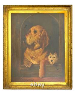 Painting Dog and Companion Antique Oil on Canvas in Golden Frame Large Art Decor