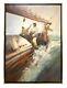 Painting Fisherman In Stormy Sea Signed S. Gustafson Vintage Seascape Art Decor